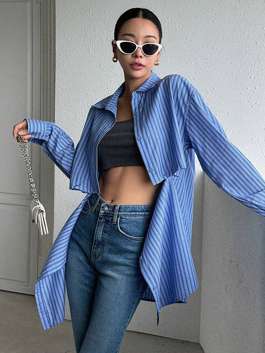 CM-TS536550 Women Casual Seoul Style Striped Print Button Front Shirt - Blue