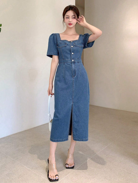 CM-DS907108 Women Casual Seoul Style Square Neck Button Front Split Thigh Denim Dress