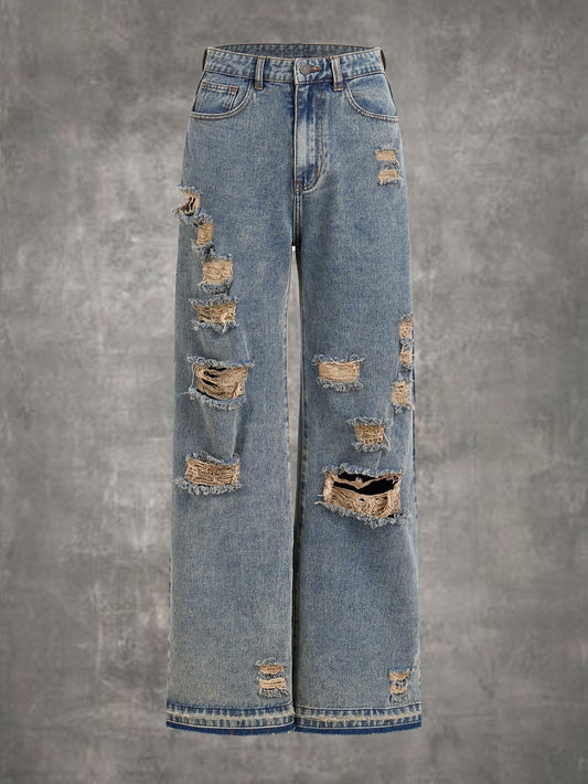 CM-BS491519 Women Casual Seoul Style Light Wash Ripped Wide Leg Jeans