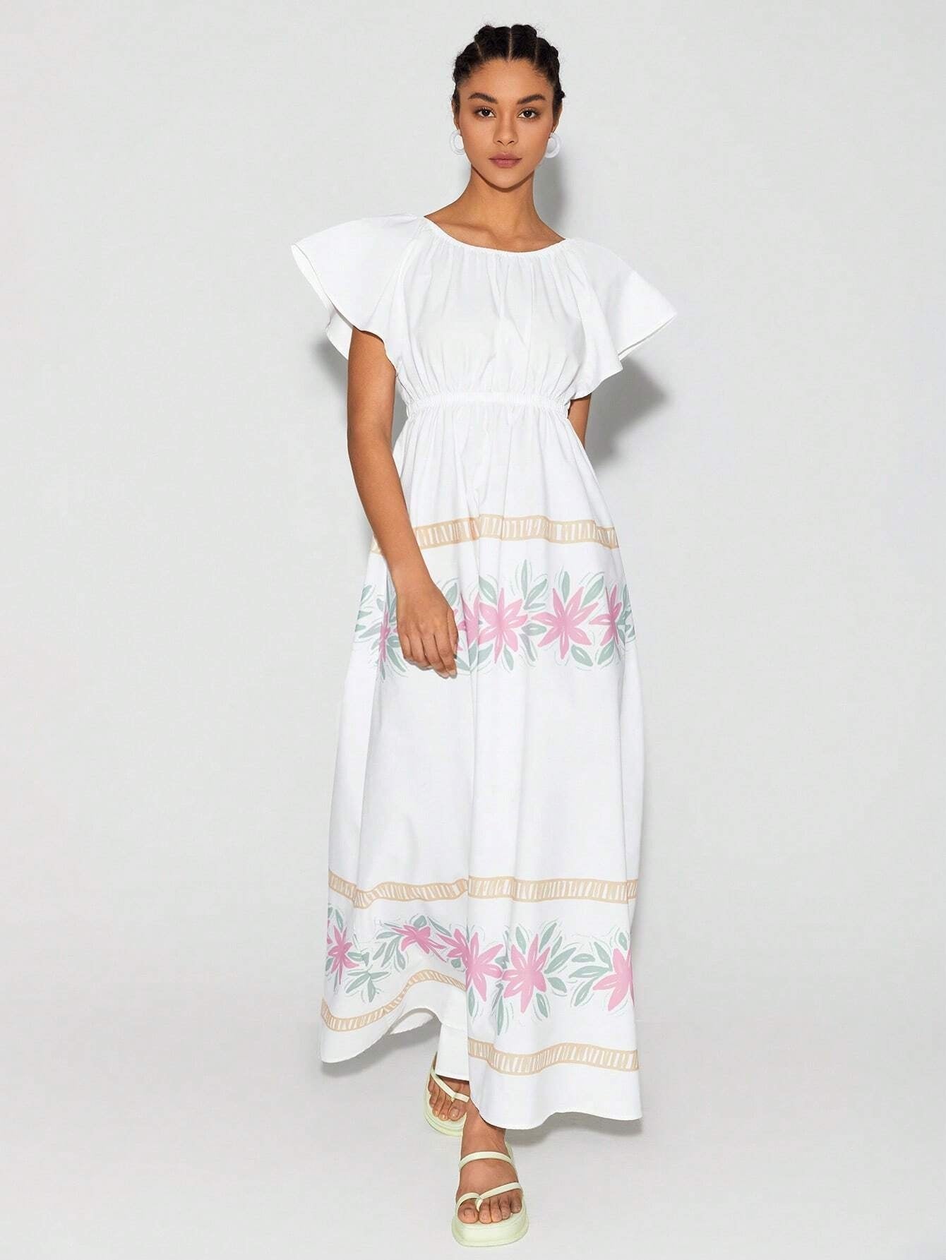 CM-DS655046 Women Trendy Bohemian Style Round Neck Floral Print Ruffle Trim Dress