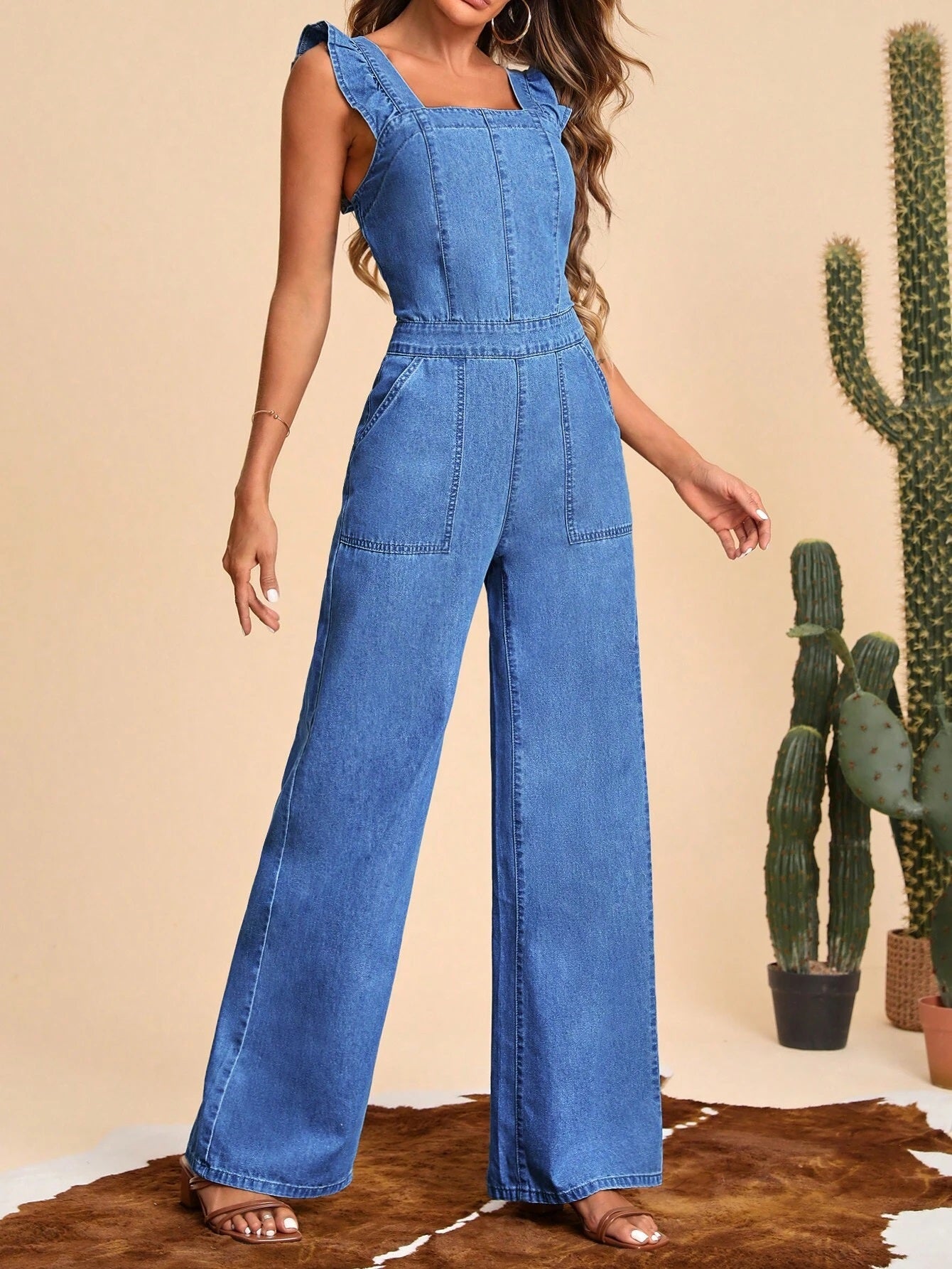 CM-JS286070 Women Preppy Seoul Style Medium Wash Ruffle Trim Wide Leg Denim Jumpsuit