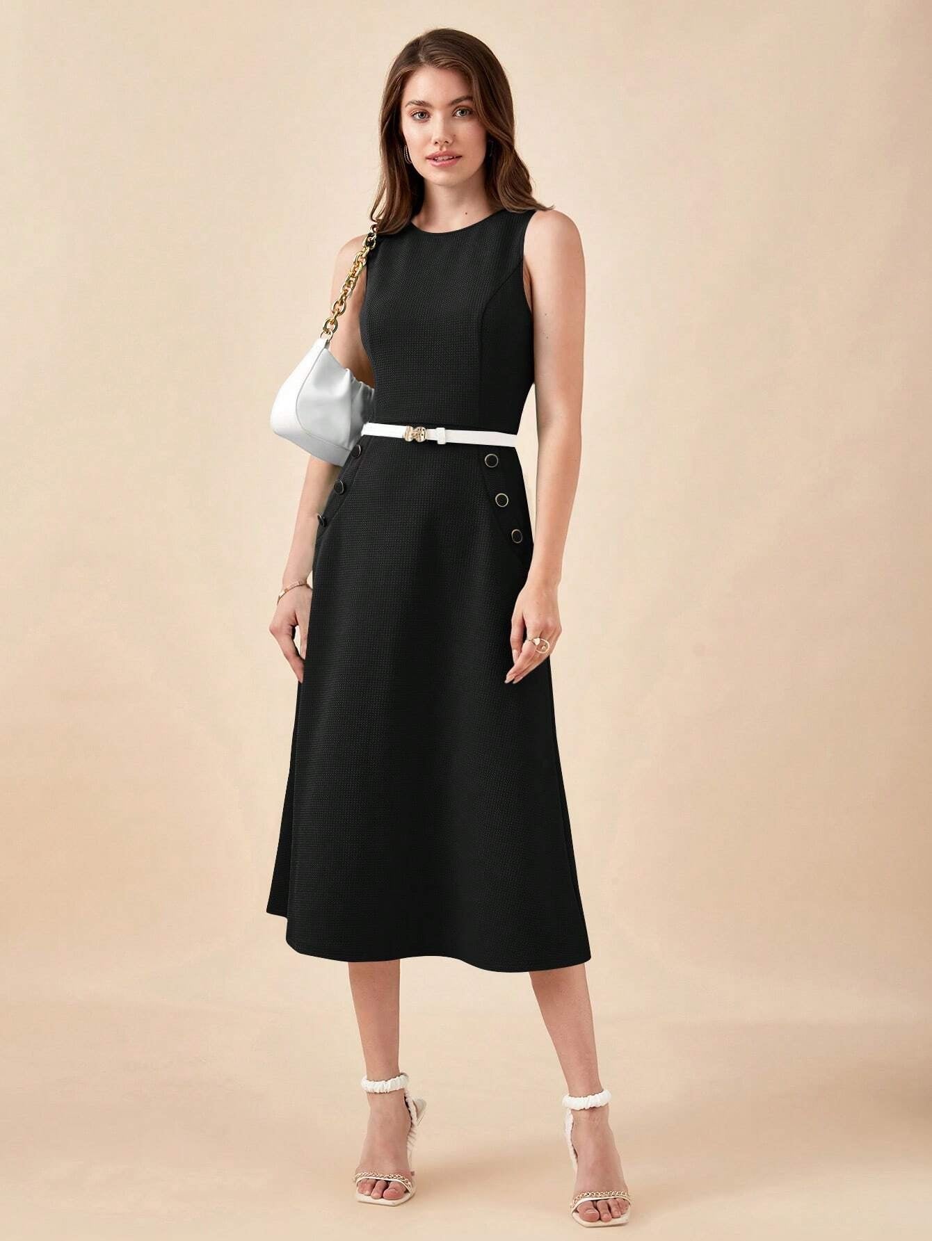 CM-DS648041 Women Elegant Seoul Style Sleeveless Solid Button Detail Dress - Black