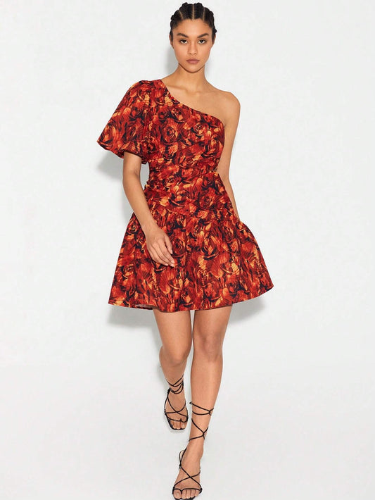 CM-DS067840 Women Seoul Style Floral Print One Shoulder Butterfly Sleeve Ruffle Hem Dress