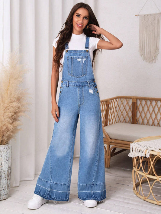 CM-JS769997 Women Preppy Seoul Style Medium Wash Ripped Wide Leg Denim Overalls