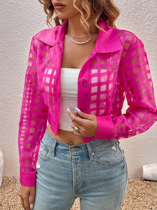 CM-CS560509 Women Casual Seoul Style Button Front Crop Long Sleeve Jacket - Hot Pink