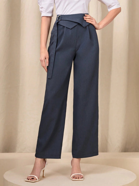 CM-BS884465 Women Casual Seoul Style Solid Flipped Waisted Straight Leg Pants - Dark Gray