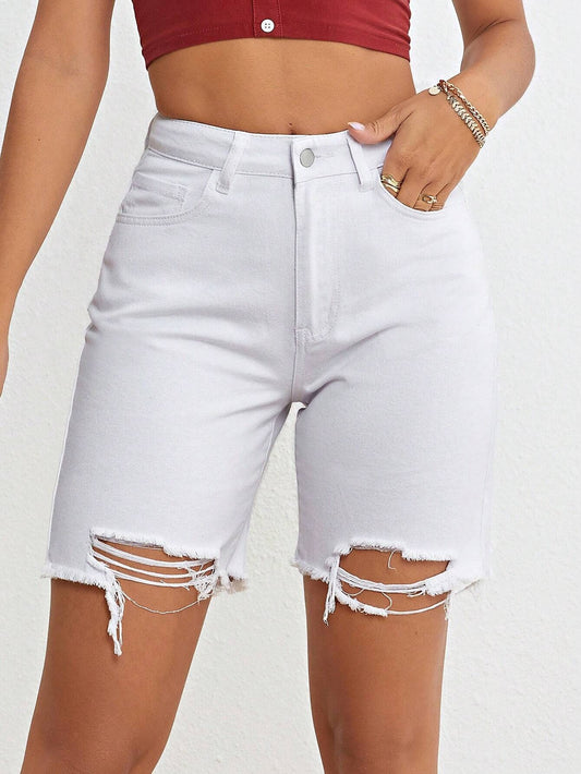 CM-BS311199 Women Casual Seoul Style Ripped Raw Hem Denim Shorts - White