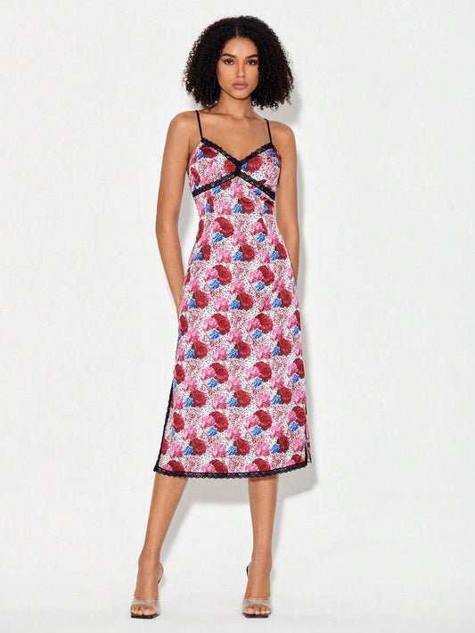 CM-DS071302 Women Casual Seoul Styel Allover Floral Print Contrast Lace Cami Dress