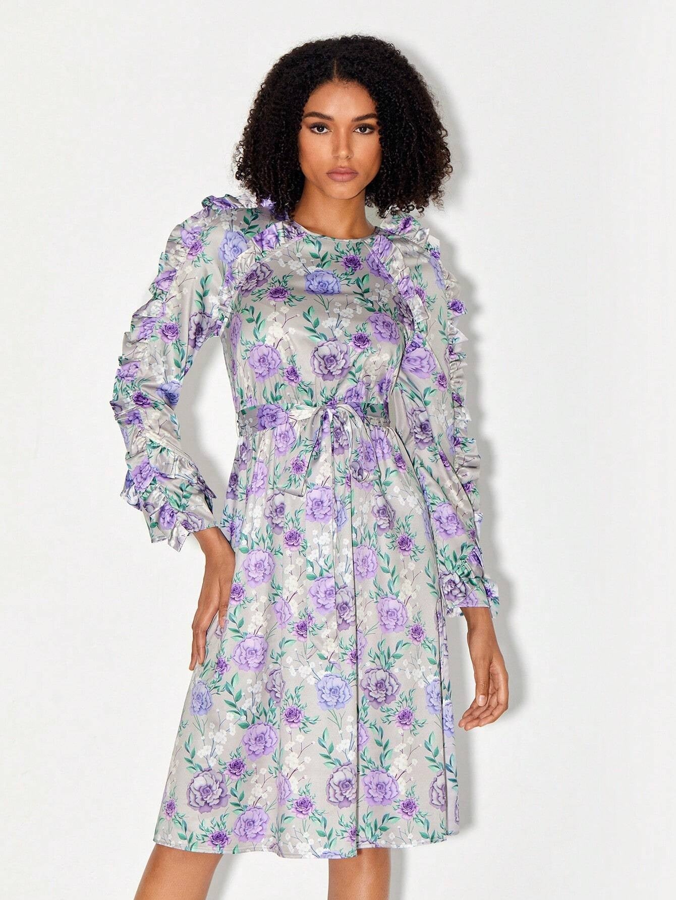 CM-DS466541 Women Elegant Seoul Style Round Neck Floral Print Ruffle Trim Belted Dress