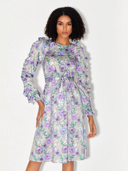 CM-DS466541 Women Elegant Seoul Style Round Neck Floral Print Ruffle Trim Belted Dress