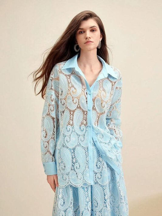 CM-TS864141 Women Elegant Seoul Style Oversized Hollow Out Paisley Embroidery Shirt - Baby Blue