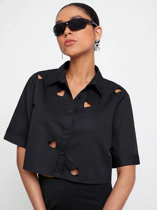 CM-TS886186 Women Casual Seoul Style Cut Out Button Front Crop Shirt - Black