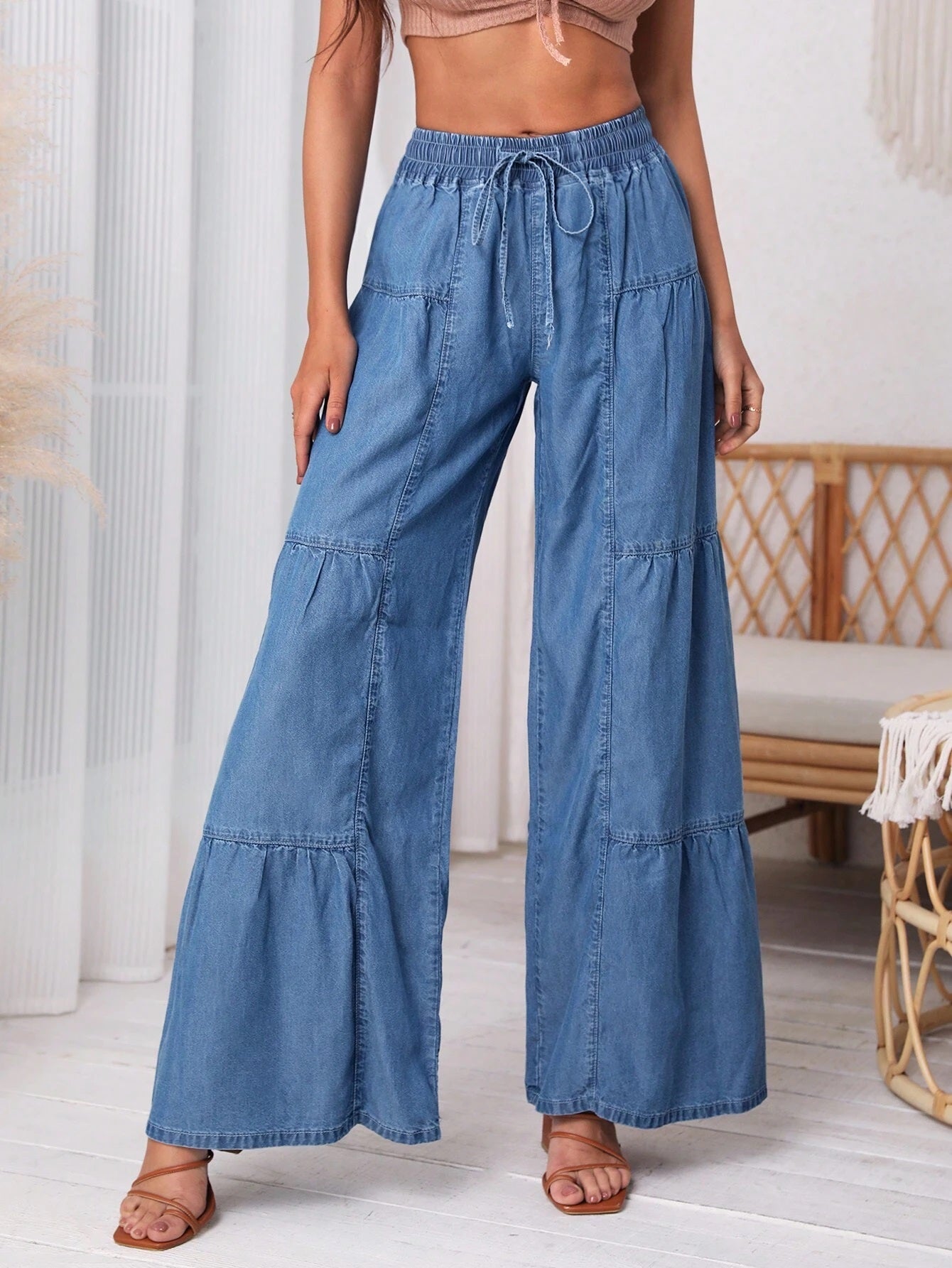 CM-BS853075 Women Casual Seoul Style Medium Wash Drawstring Waist Wide Leg Jeans
