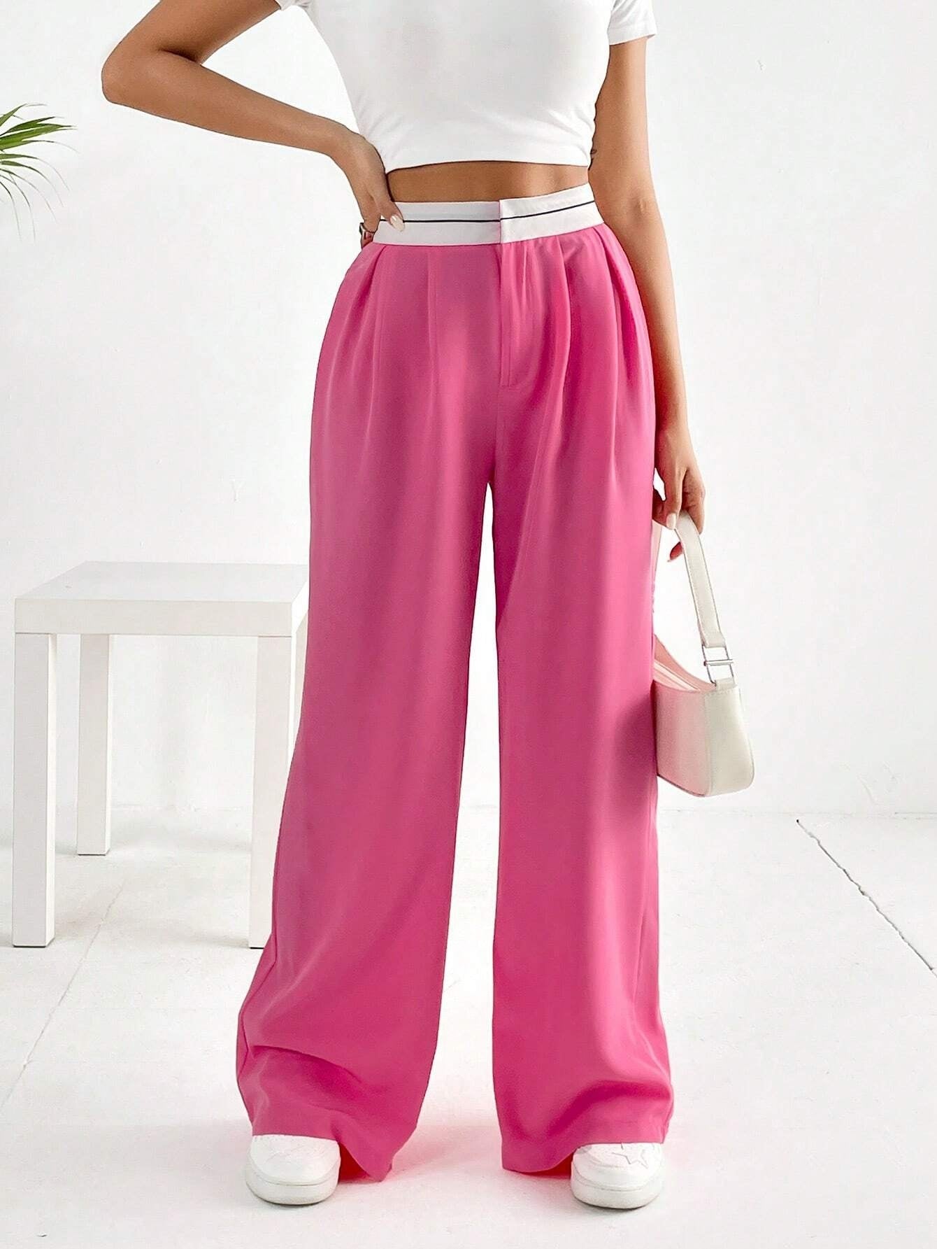 CM-BS503696 Women Casual Seoul Style Striped Waistband Wide Leg Pants - Hot Pink