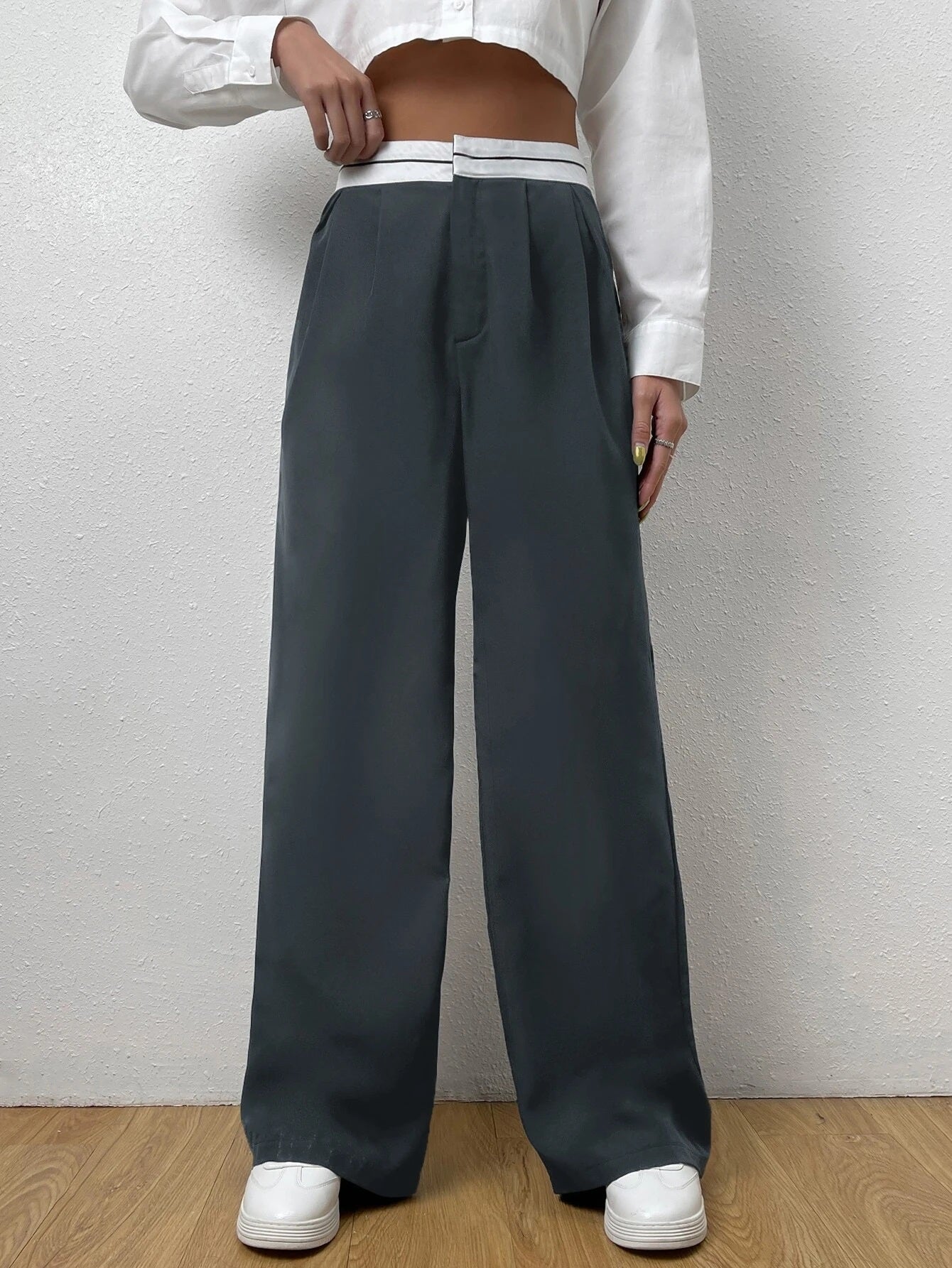 CM-BS594463 Women Casual Seoul Style Striped Waistband Wide Leg Pants - Dark Gray