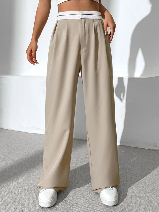 CM-BS933064 Women Casual Seoul Style Striped Waistband Wide Leg Pants - Apricot