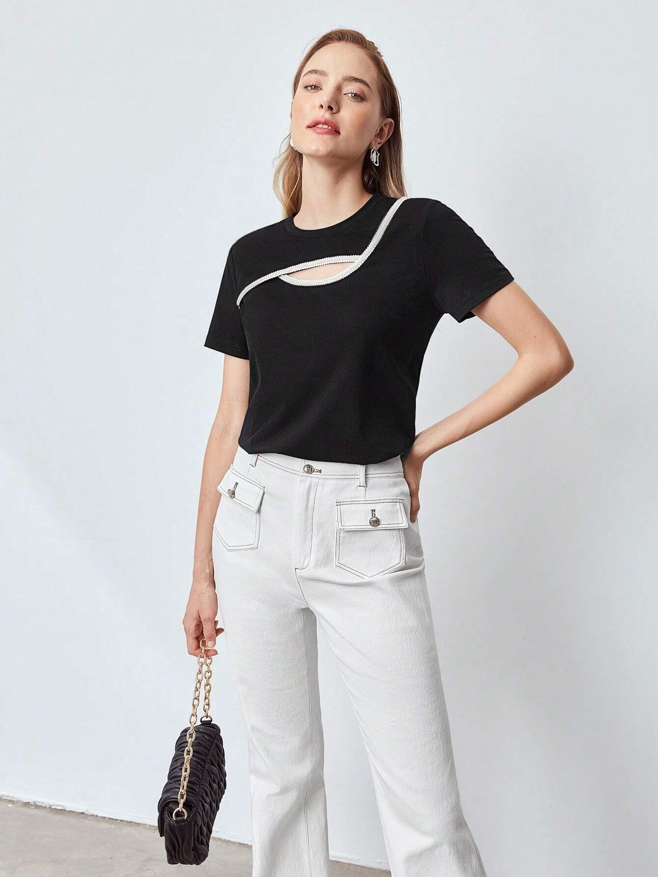 CM-TS118885 Women Casual Seoul Style Round Neck Pearl Cut-Out Top - Black