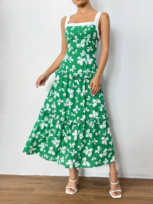 CM-DS977995 Women Casual Seoul Style Sleeveless Allover Print Ruffle Hem Dress