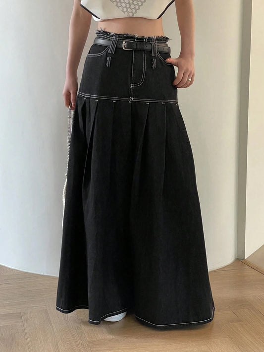 CM-BS263915 Women Preppy Seoul Style Solid Pleated Detail Denim Skirt - Black