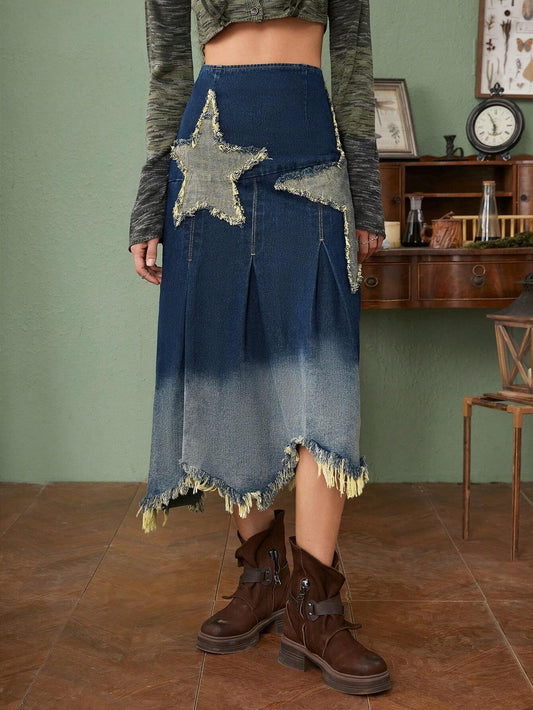 CM-BS181388 Women Preppy Seoul Style Washed Star Patched Raw Hem Denim Skirt
