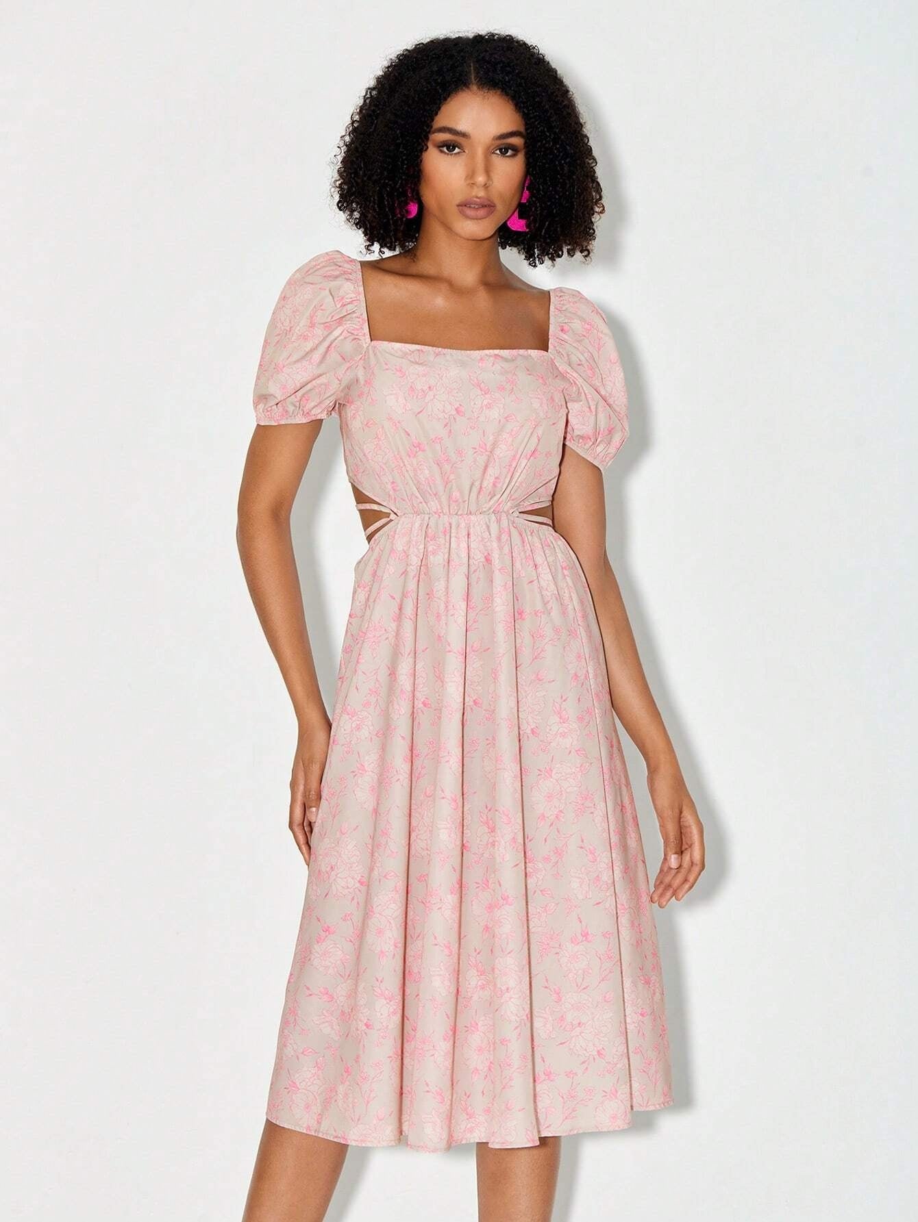 CM-DS217040 Women Casual Seoul Style Floral Print Cut Out Waist Puff Sleeve Tie Backless Dress