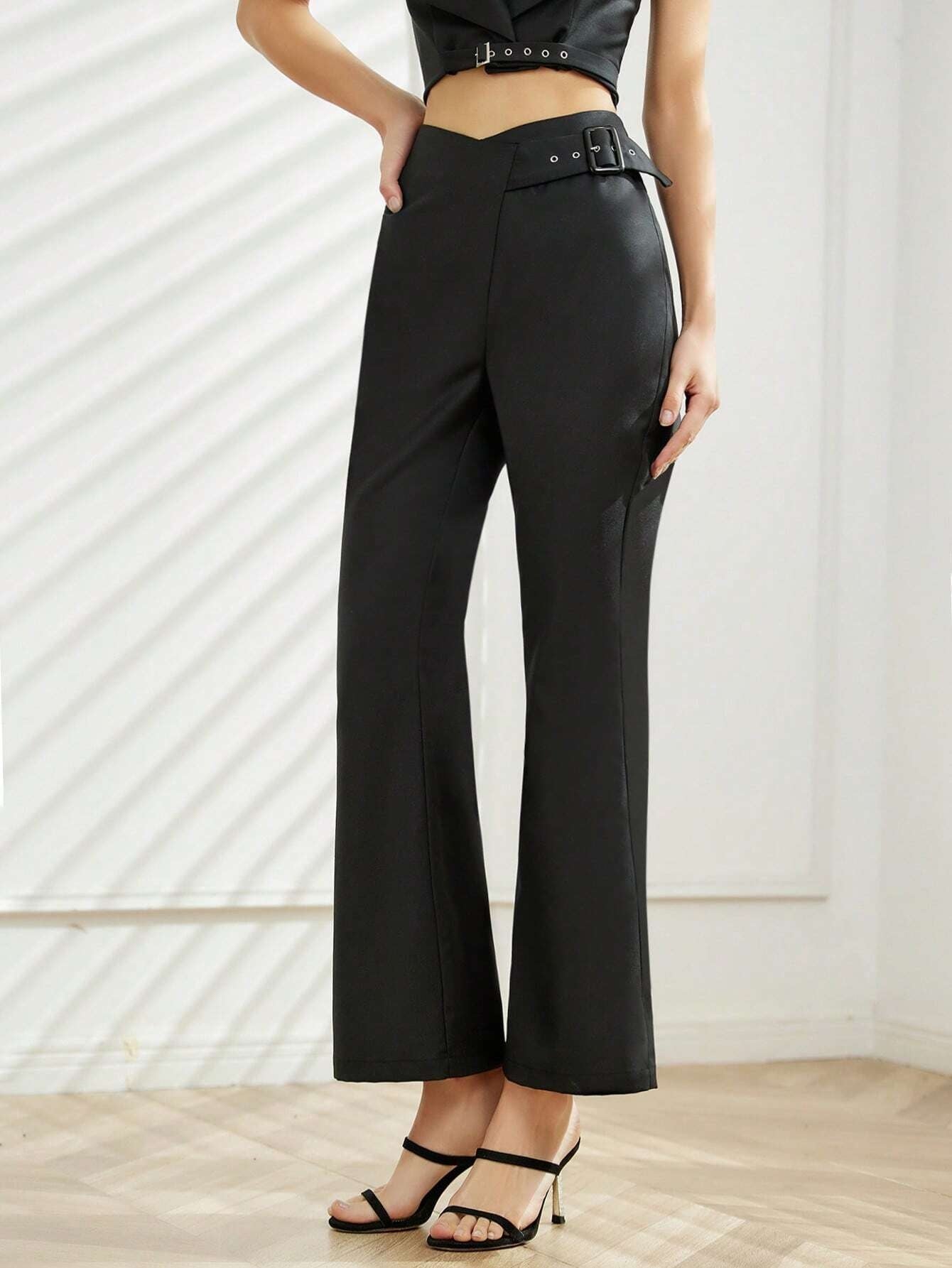 CM-BS453543 Women Elegant Seoul Style Asymmetrical Waistband Buckle Detail Flare Leg Pants
