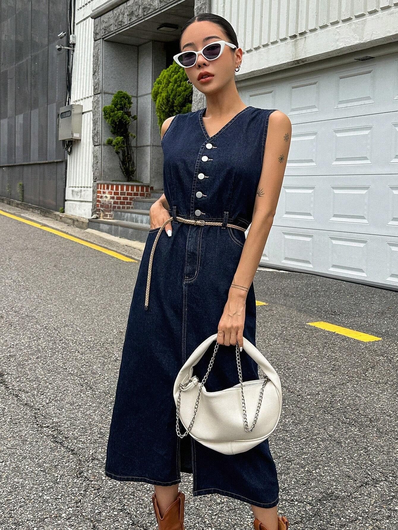 CM-DS407092 Women Casual Seoul Style Dark Wash Button Front Sleeveless Split Thigh Denim Dress