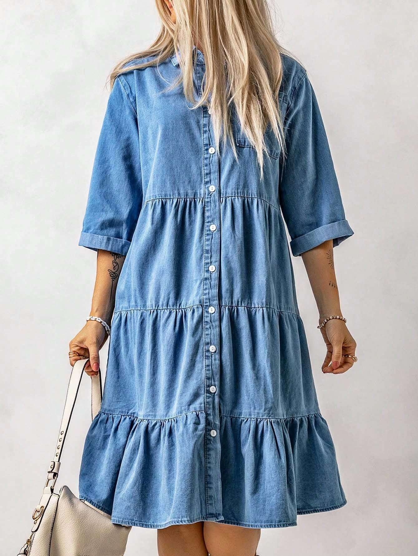 CM-DS276063 Women Preppy Seoul Style Ruffle Hem Button Front Denim Dress - Blue