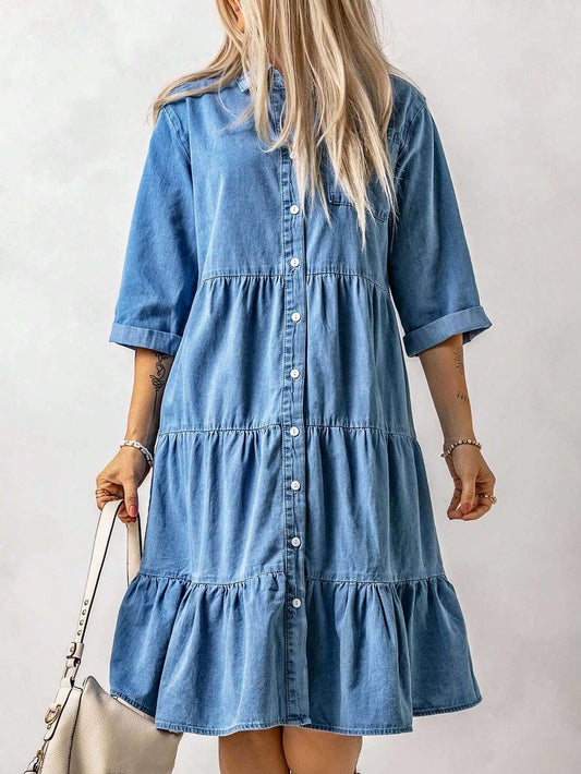 CM-DS276063 Women Preppy Seoul Style Ruffle Hem Button Front Denim Dress - Blue