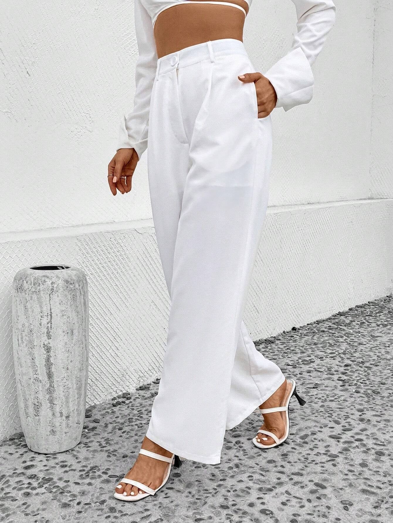 CM-BS351890 Women Elegant Seoul Style Solid Slant Pocket Wide Leg Pants - White
