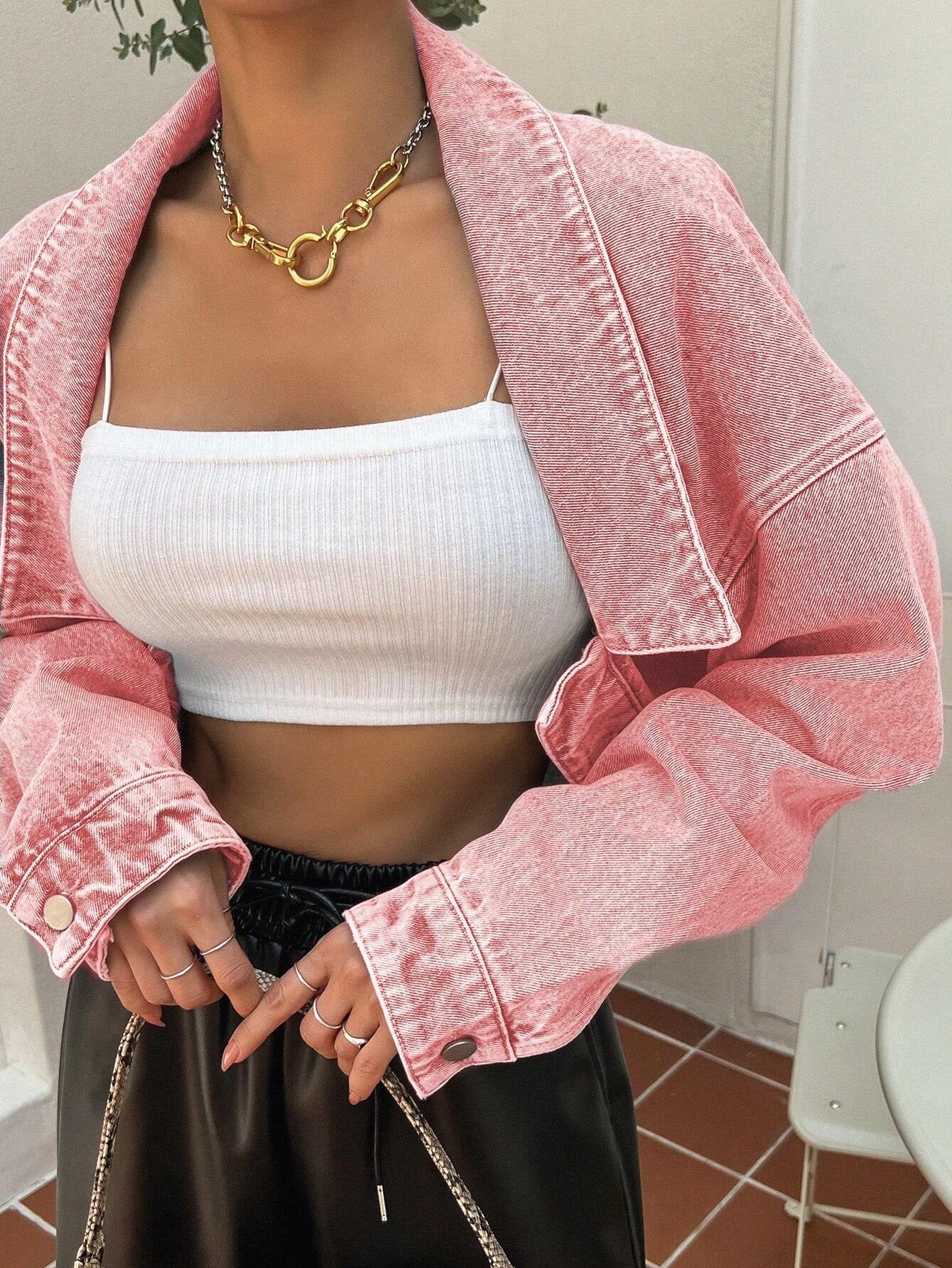 CM-CS189608 Women Preppy Seoul Style Drop Shoulder Asymmetrical Hem Denim Jacket - Pink