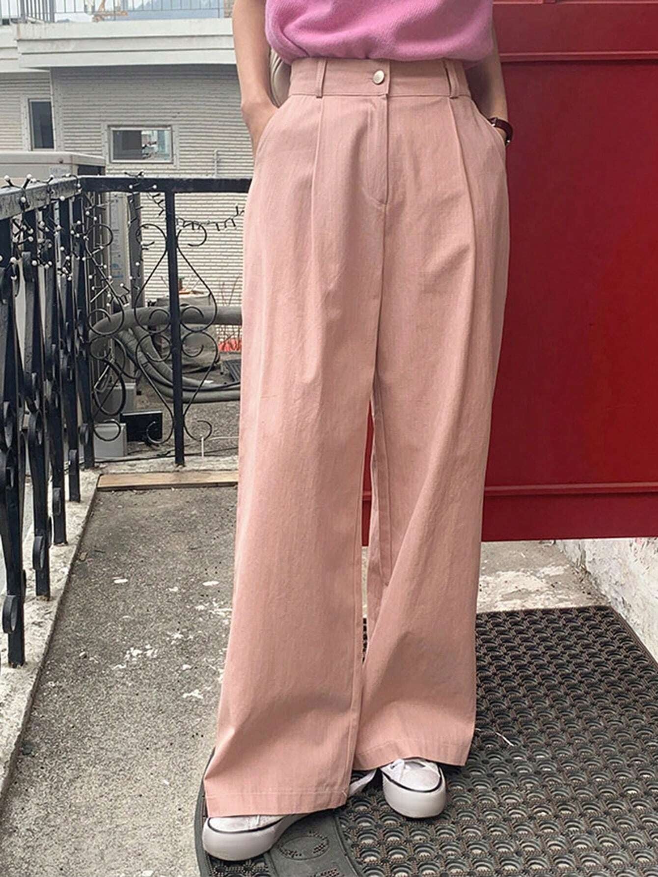 CM-BS190903 Women Casual Seoul Style Solid Slant Pocket Wide Leg Pants - Pink