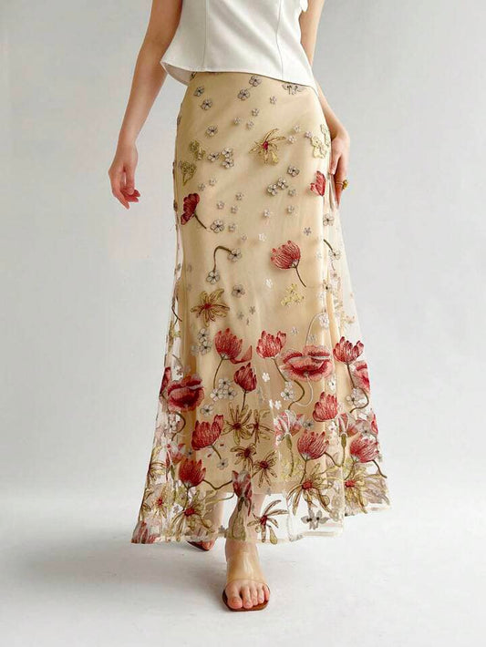 CM-BS956172 Women Trendy Bohemian Style Floral Embroidery Fish Tail Long Skirt