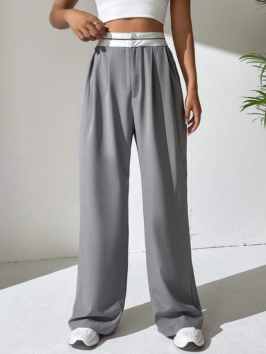 CM-BS726666 Women Casual Seoul Style Striped Waistband Wide Leg Pants - Light Gray