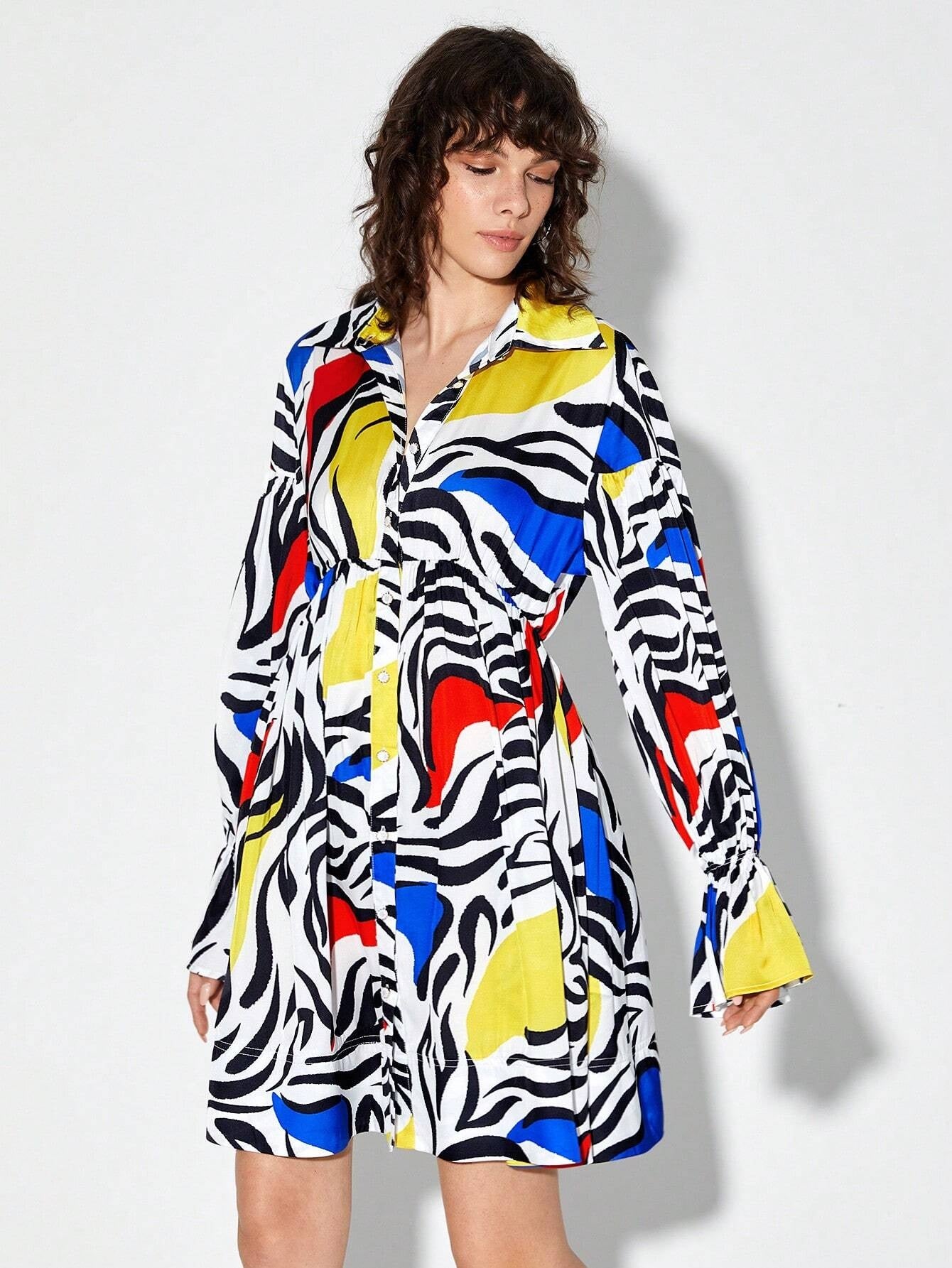 CM-DS929056 Women Casual Seoul Style Allover Print Flounce Sleeve Shirt Dress