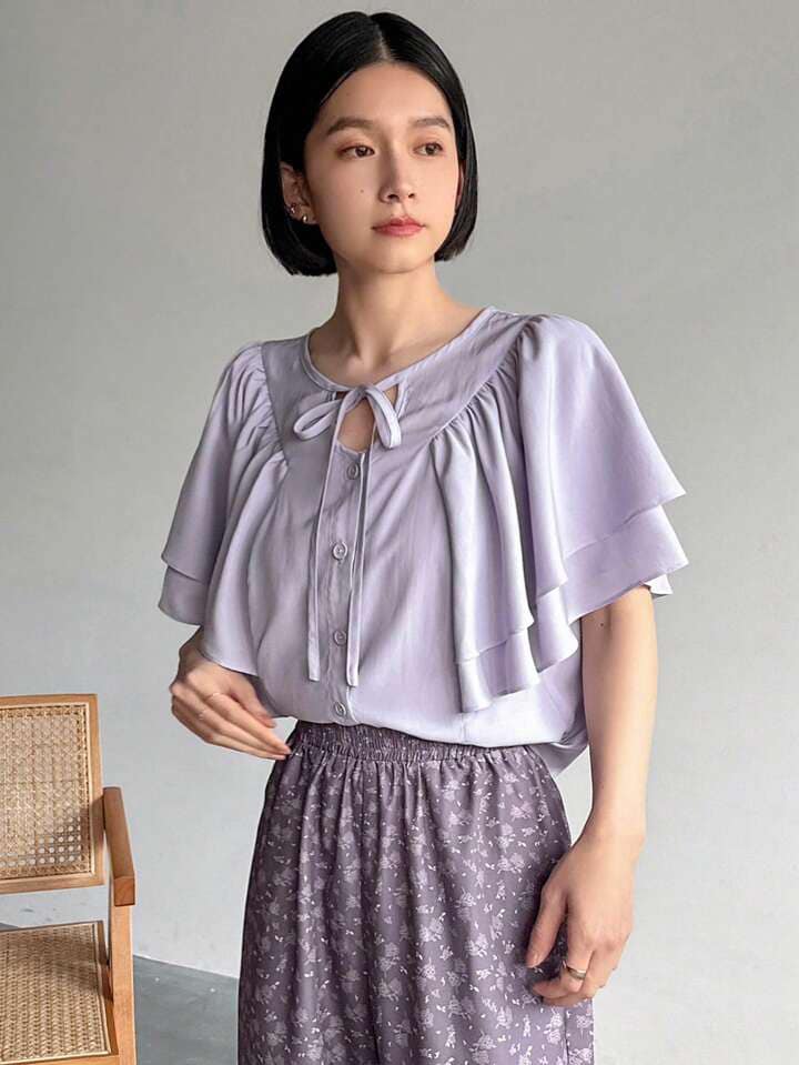 CM-TS227077 Women Casual Seoul Syle Tie Knot Neckline Ruffle Sleeve Button Down Shirt - Purple
