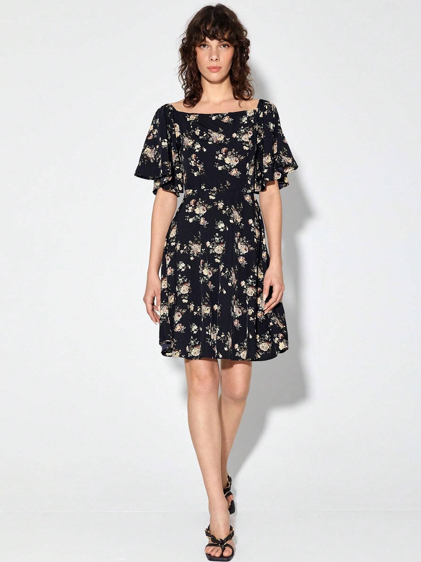 CM-DS208284 Women Casual Seoul Style Floral Print Square Neck Butterfly Sleeve Dress