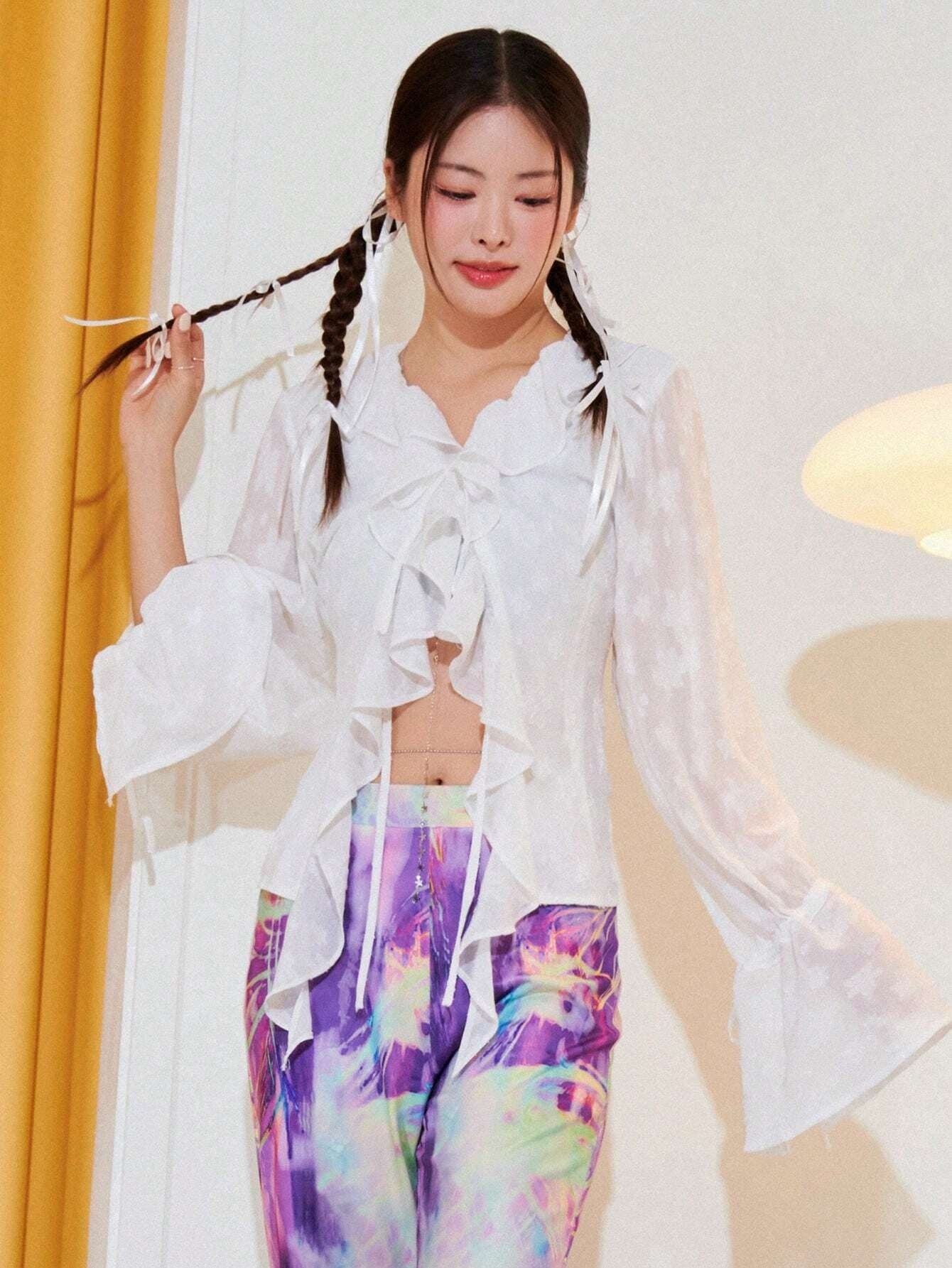 CM-TS613710 Women Casual Seoul Style Ruffle Trim Flounce Sleeve Asymmetrical Hem Blouse