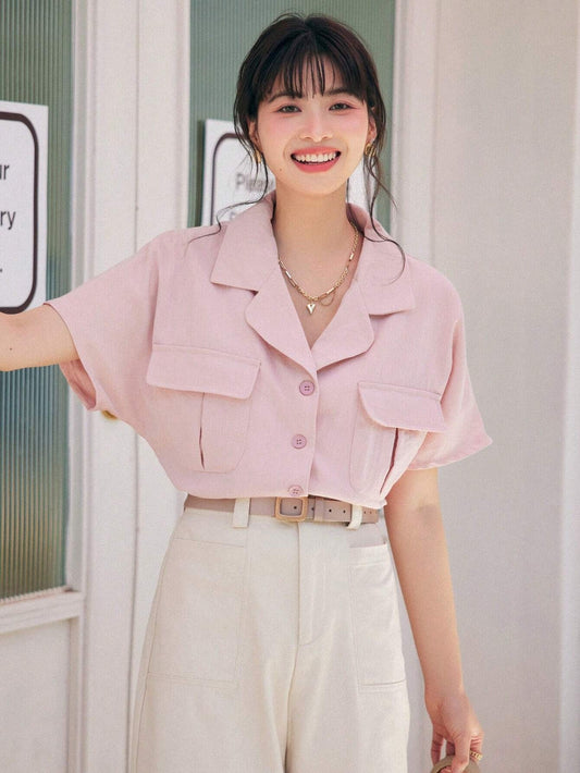 CM-TS808394 Women Casual Seoul Style Flap Pocket Batwing Sleeve Shirt - Baby Pink