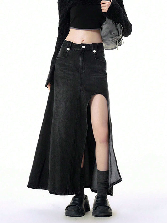CM-BS287977 Women Casual Seoul Style Solid Split Thigh Denim Skirt - Black