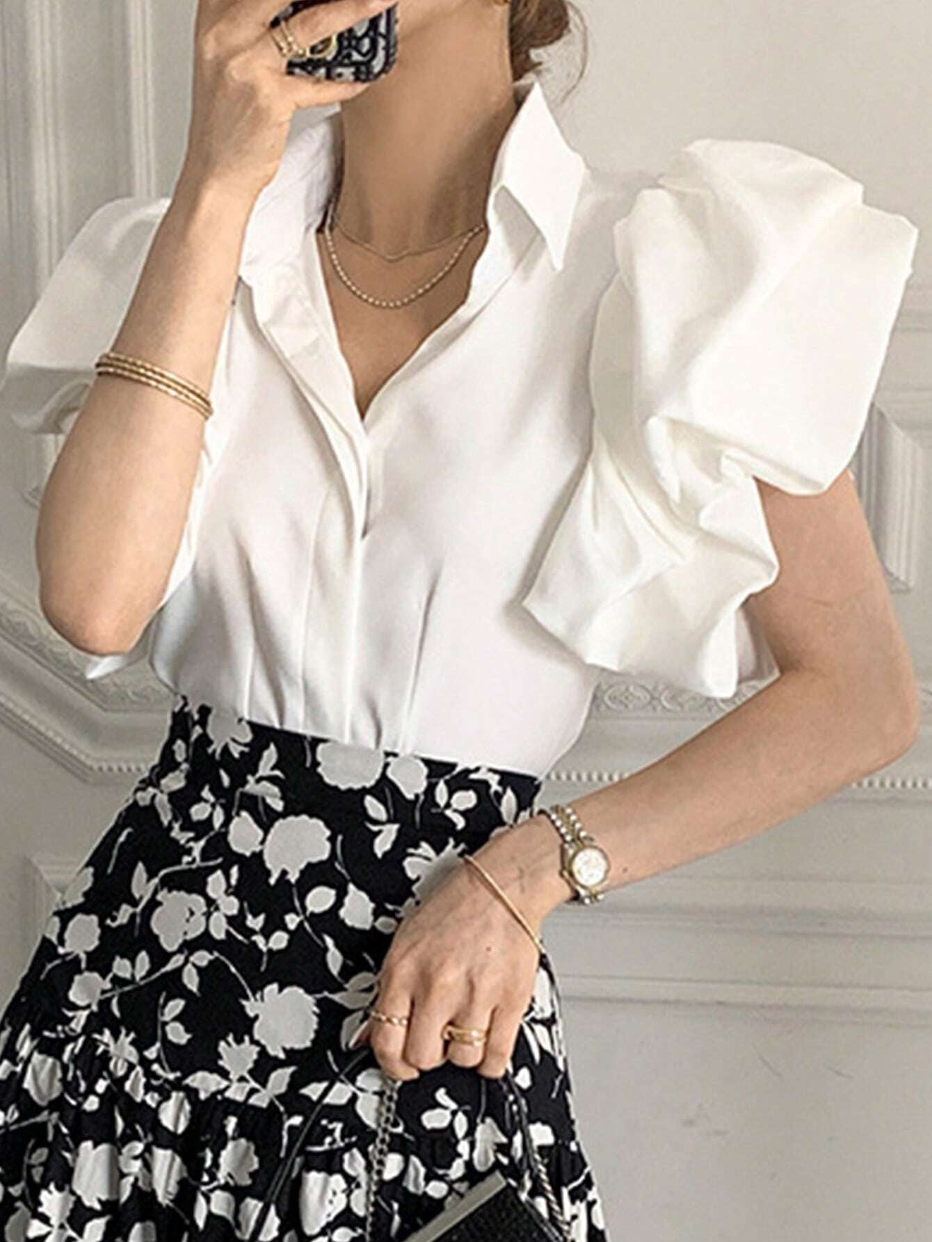 CM-TS446417 Women Elegant Seoul Style Solid Button Front Exaggerated Sleeve Shirt - White
