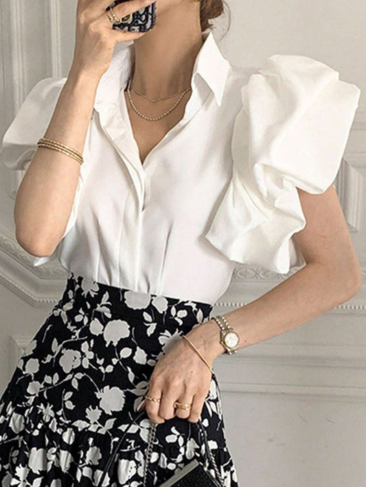 CM-TS446417 Women Elegant Seoul Style Solid Button Front Exaggerated Sleeve Shirt - White