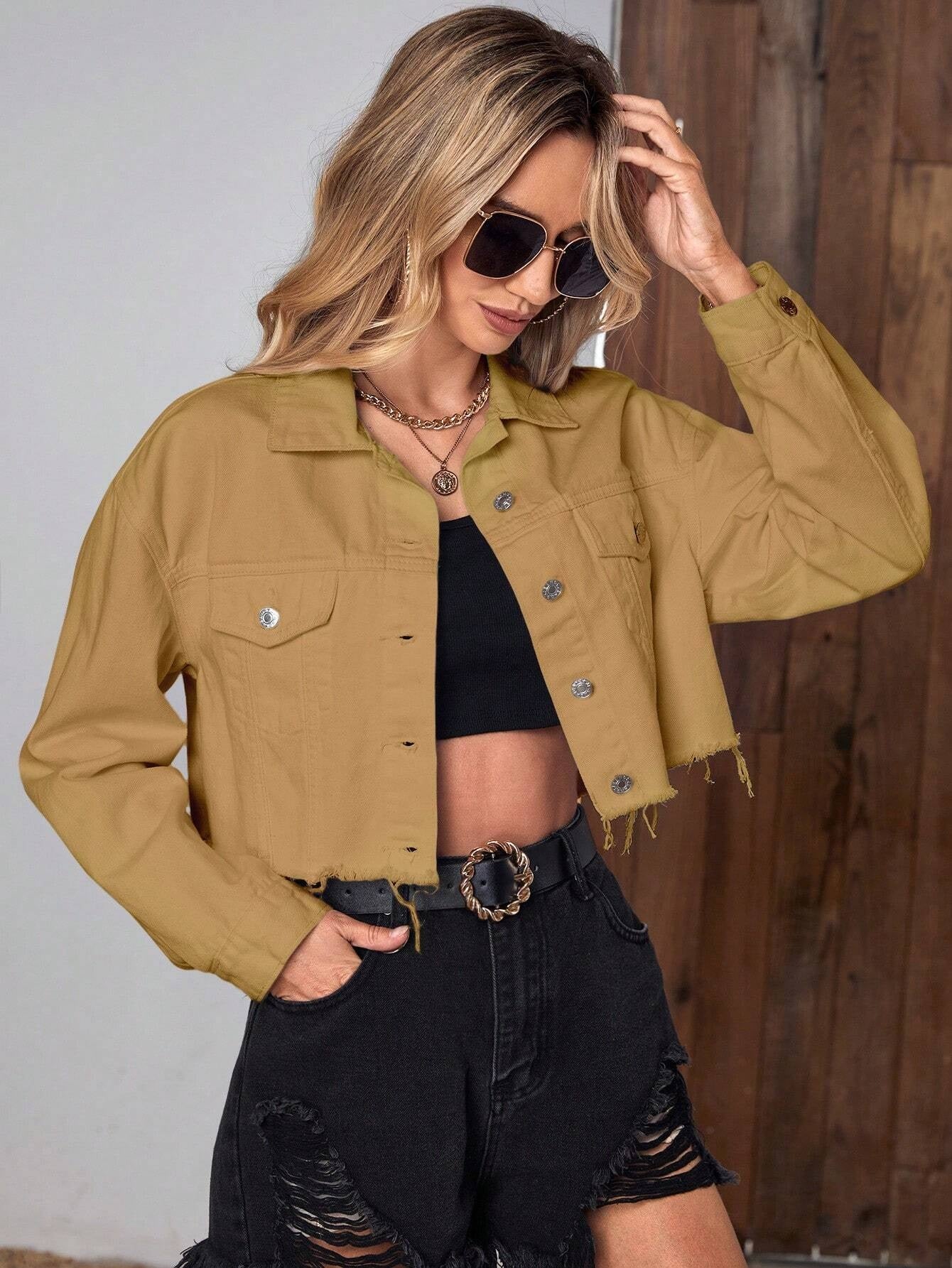 CM-CS779700 Women Casual Seoul Style Flap Pocket Raw Hem Denim Jacket - Brown