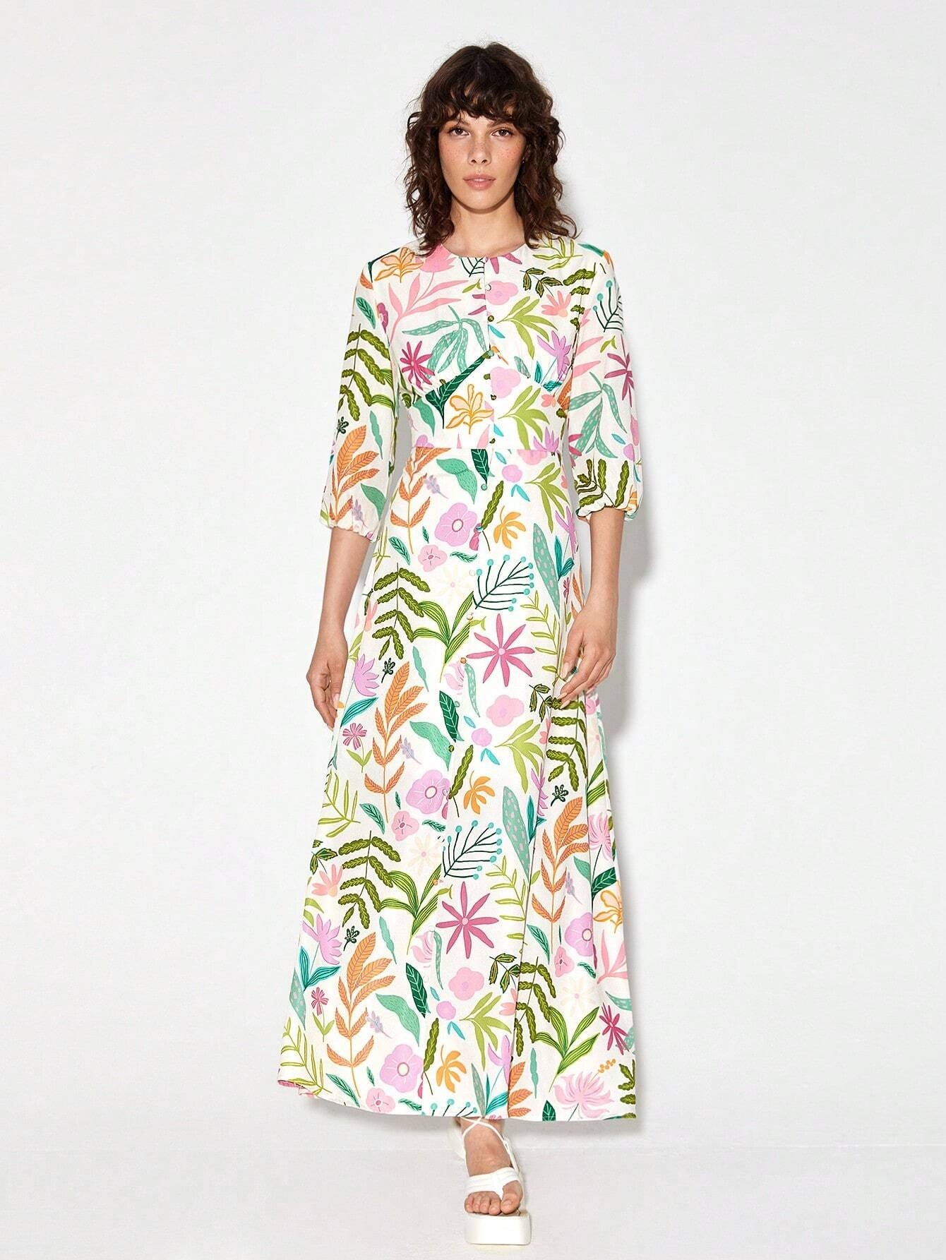 CM-DS117109 Women Trendy Bohemian Style Round Neck Floral Print A-Line Dress