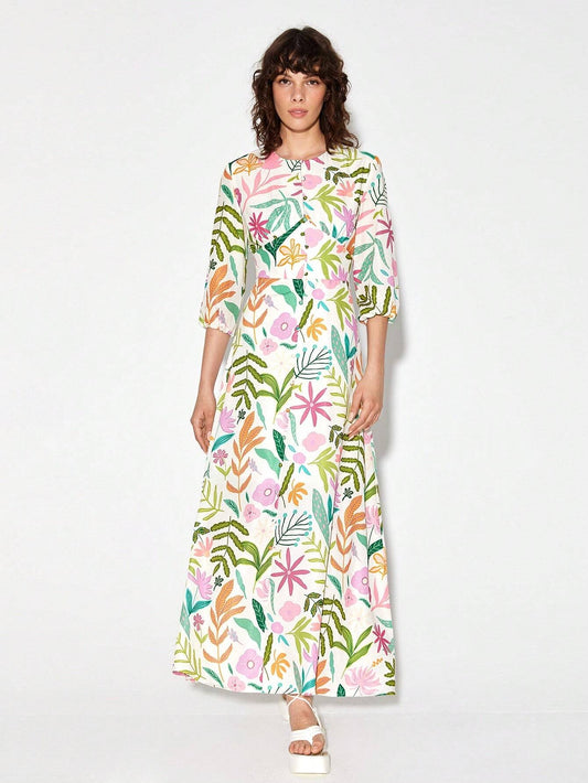 CM-DS117109 Women Trendy Bohemian Style Round Neck Floral Print A-Line Dress