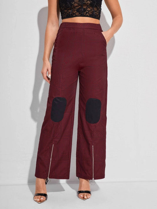 CM-BS957193 Women Elegant Seoul Style High Waist Zip Hem Pants - Burgundy