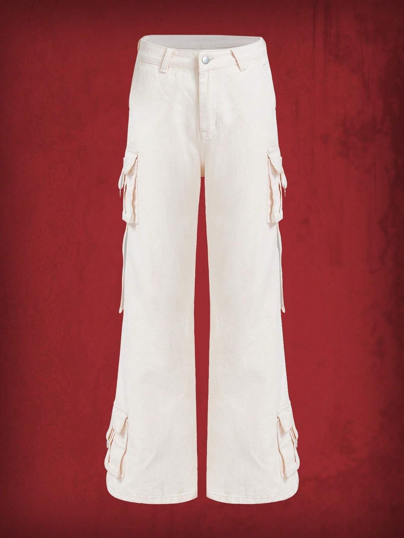 CM-BS280160 Women Preppy Seoul Style High Waist Flap Pocket Side Cargo Jeans - Beige