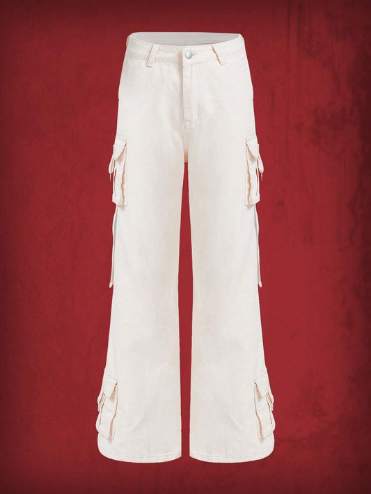 CM-BS280160 Women Preppy Seoul Style High Waist Flap Pocket Side Cargo Jeans - Beige
