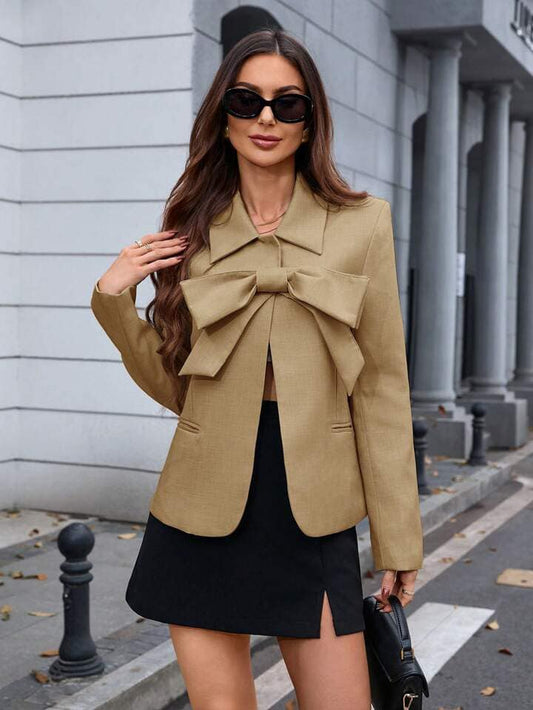 CM-TS963136 Women Elegant Seoul Style Bowknot Design Long Sleeve Shirt - Khaki