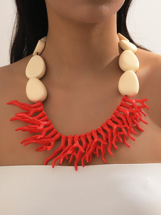 CM-AXS602052 Women Trendy Seoul Style Antler Decor Bib Necklace - Orange